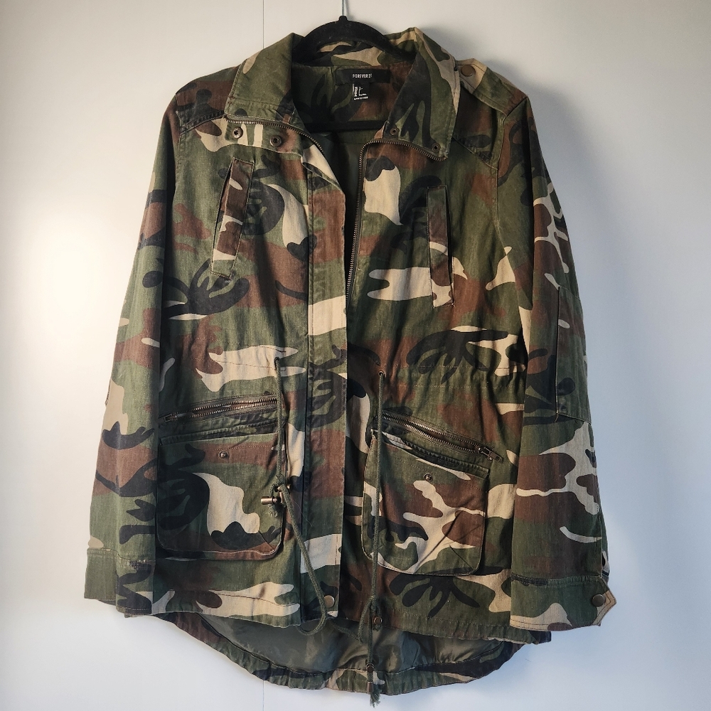 Forever 21 Camo Utility Jacket Womens Large Military Zip Snap Coat